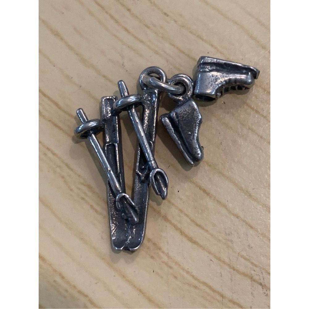 .925 Winter Skis Poles and Boots Sterling Silver Jewelry Charm